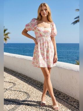 Altar'd State Pink Floral Square-Neck Puff Sleeve Mini Dress